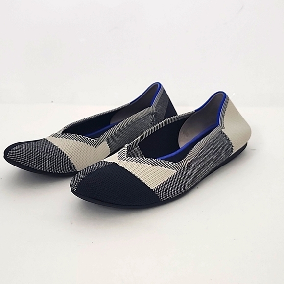 Rothy's | 8W| Royal Blue + Cream Geometric Color Block Print Cap Toe Flat - Picture 1 of 12